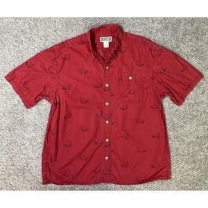 Men's Red With Beaver Print Duluth Trading Company Short Sleeve Button Up Size L